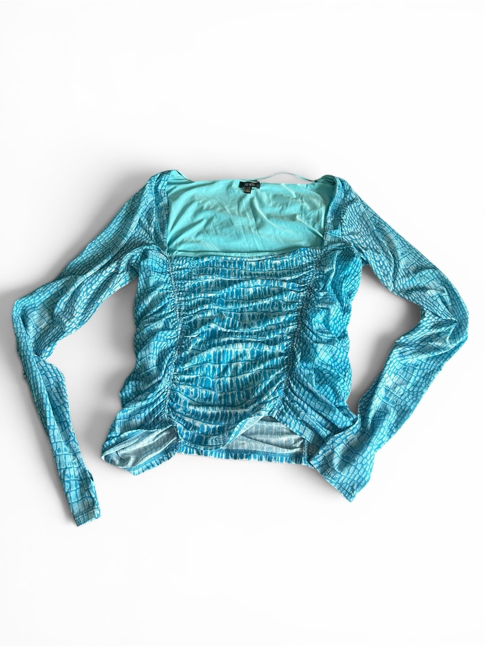 AFRM Teal Blue Ruched Long-Sleeve Square Neck Top US L